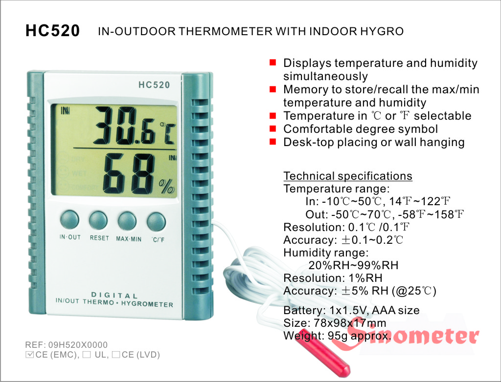 Analog Thermometer, -40 Degrees to 120 Degrees F for Wall or Desk Use